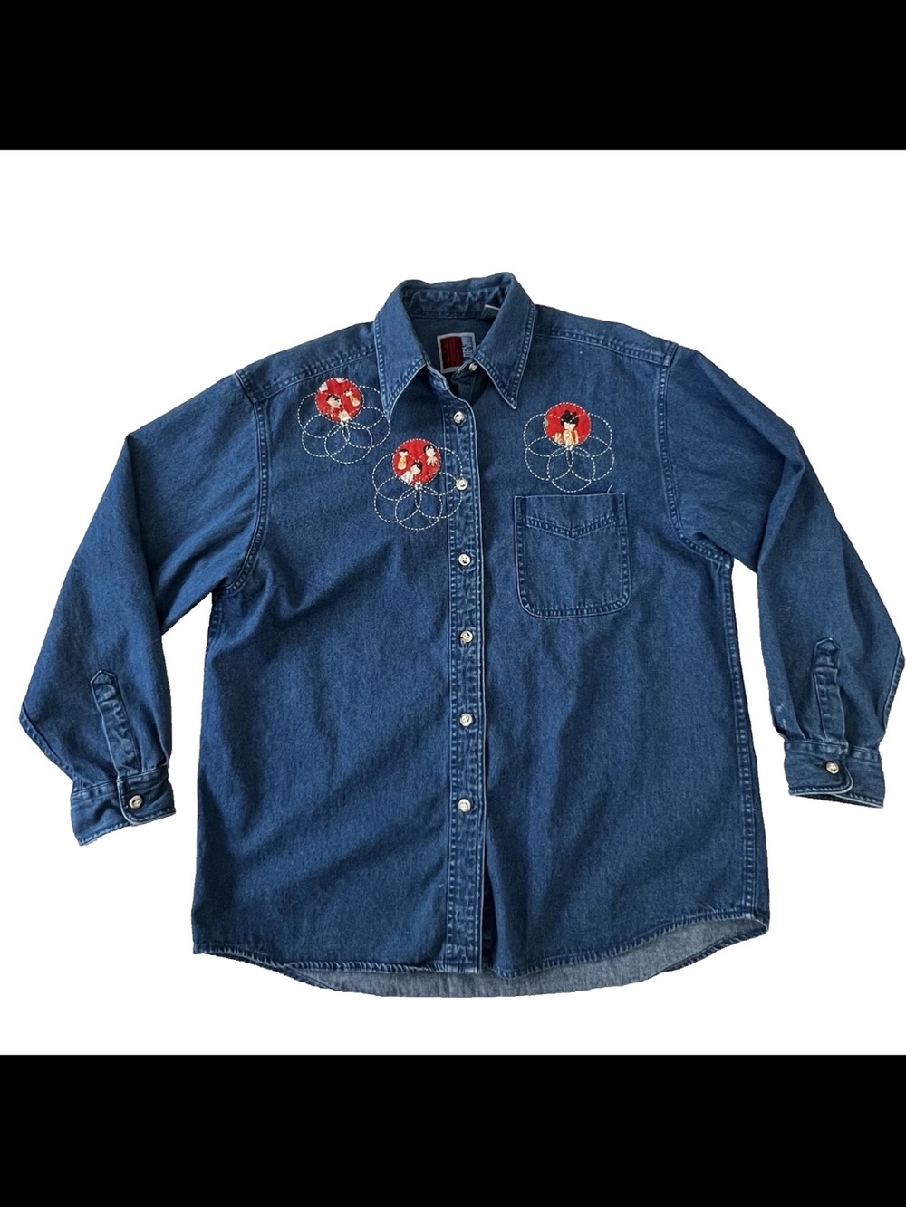 Vintage Sun Belt Denim Long Sleeve Button Up Shirt L Cotton Japanese Folk Art